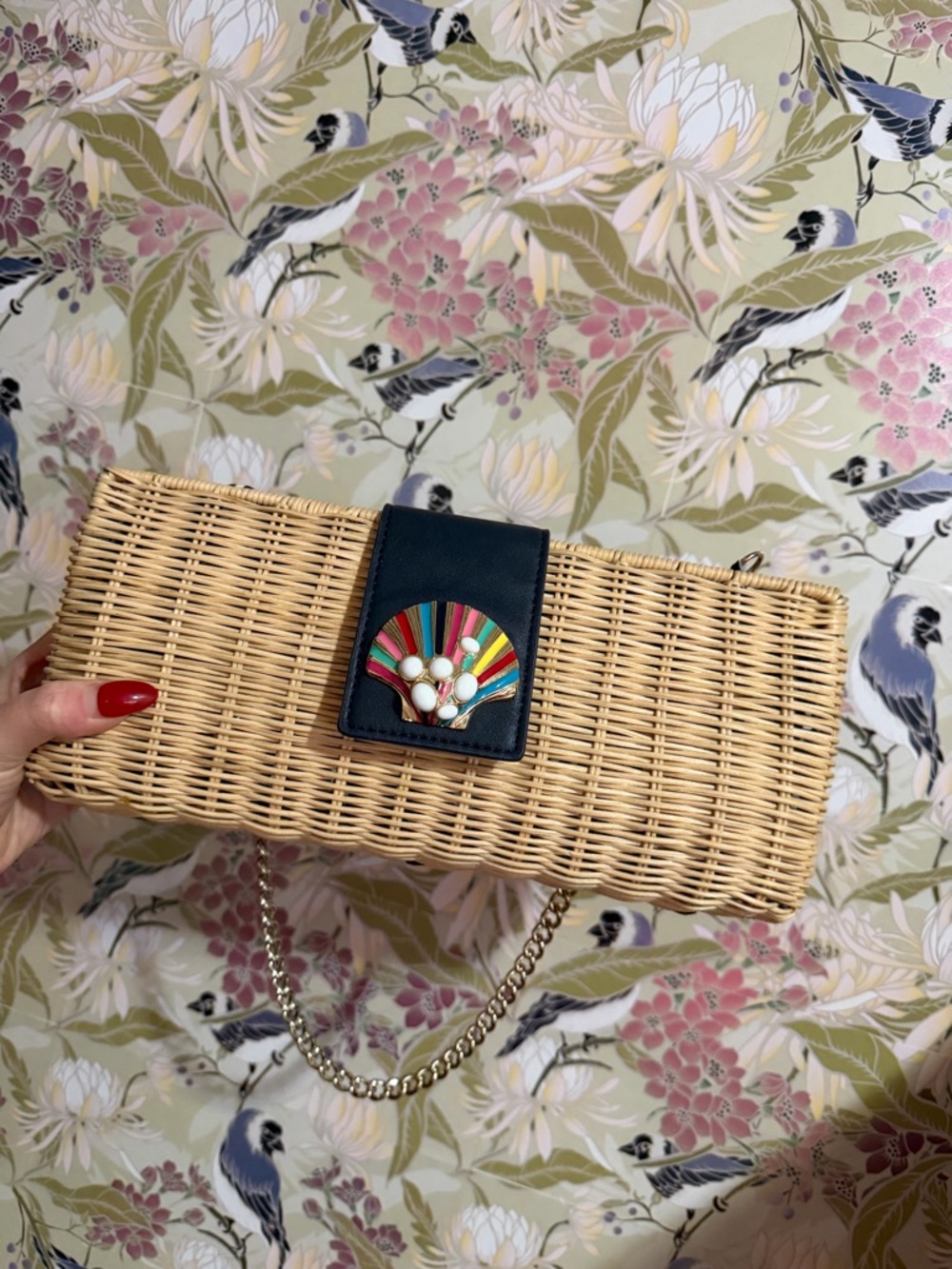 Talbots Natural Woven Clutch with Navy Tab and Multicolor Fan Accent